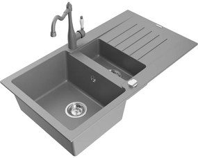 Mexen Matias, granitový drez 900x505x200 mm, 1,5-komorový a drezová batéria Carla, šedá, 6502-71-670700-71