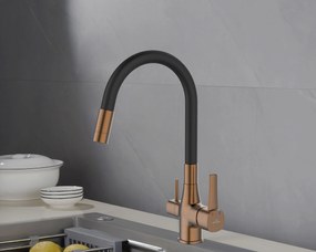 Invena Magic, stojanková drezová batéria s flexibilným ramenom a filtrom na pitnú vodu, čierna-medená matná, INV-BZ-02-F15-V