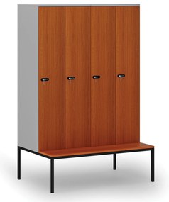 Drevená šatníková skrinka S4 s lavičkou, 4 oddiely, 1871 x 1200 x 500/800 mm, demont, mechanický kódový zámok, sivá/čerešňa