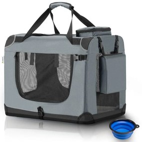 Skladací prepravný box pre psov, sivý, s posteľou, veľkosť M