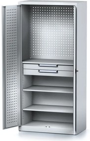 Policová dielenská skriňa 2-dverová MECHANIC, 2 zásuvky, 3 police, 920 x 500 x 1950 mm, sivé dvere