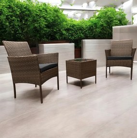 Ratanová súprava so stolíkom a 2 kreslami - hnedá + antracitové vankúše