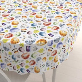 Biante Veľkonočný teflónový oválny obrus TF-075 Farebné kraslice a pierka na bielom 140x220 cm