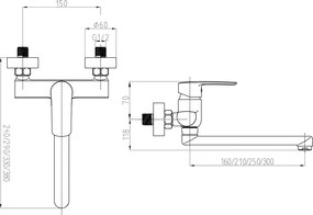 Mereo Pego, drezová nástenná batéria, 150 mm, s ramienkom plochým rovným 250 mm, chróm, MER-CB30201P