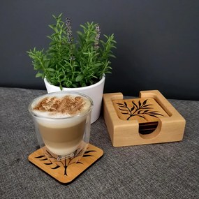 AMADEA Drevený podtáček hranatý s motívom vetvy, masívne drevo, 9 cm