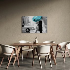 Obraz - Zamilovaný pár s dáždnikom, modrý (90x60 cm)