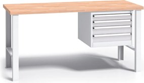 Pracovný stôl do dielne G3 so závesným boxom na náradie, buková škárovka, 4 zásuvky, pevné kovové nohy, 1500 mm, sivá