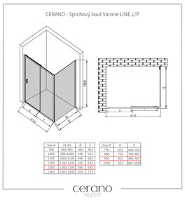 CERANO - Sprchovací kút Varone LINE L/P - čierna matná, grafitové sklo - 130x90 cm - posuvný, CER-CER-8050BD7226