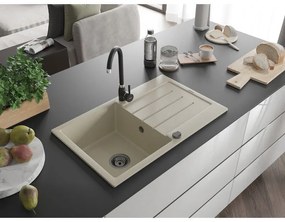 Mexen Bruno, 1-komorový granitový drez s odkvapkávačom 795x495x200 mm a čierna kuchynská batéria Telma, béžová, 6513-69-670200-70