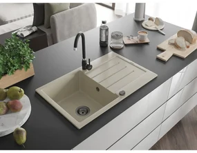 Mexen Bruno, 1-komorový granitový drez s odkvapkávačom 795x495x200 mm a čierna kuchynská batéria Telma, béžová, 6513-69-670200-70