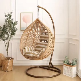 Závesné hojdacie kreslo IBIZA EXTRA, nosnosť 150 kg - hnedé + béžové vankúše s pruhmi