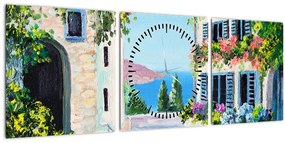 Obraz - Grécka ulička, olejomaľba (s hodinami) (90x30 cm)