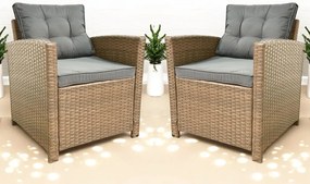 Set dvoch záhradných kresiel z technoratanu SFS020-SC - prírodné hnedé + sivé vankúše