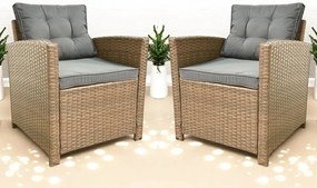Set dvoch záhradných kresiel z technoratanu SFS020-SC - prírodné hnedé + sivé vankúše