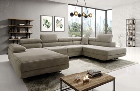 Moderná béžová rohová sedačka s funkciou spania Astorp U, pravá s opierkami hlavy.