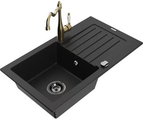 Mexen Pablo, granitový drez 752x436x161 mm, 1-komorový a drezová batéria Carla, čierna, 6510-77-670700-50-B