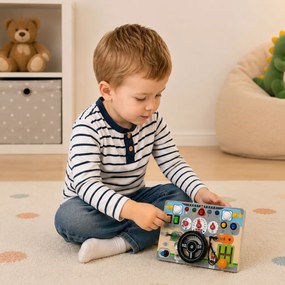 LEAN Toys Drevená vzdelávacia manipulačná tabuľa – volant, svetlá, zvuky