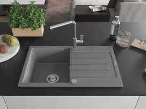 Mexen Bruno, 1-komorový granitový drez 795x495x200 mm a drezová batéria Flora, šedá, 6513-71-670401-00