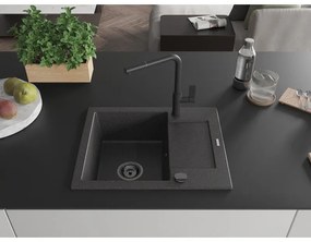 Mexen Enzo, 1-komorový granitový drez 576x465x174 mm a drezová batéria Flora, čierna škvrnitá, 6506-76-670401-70-B