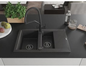 Mexen Gaspar, granitový drez 737x475x177 mm, 1,5-komorový a drezová batéria Duo, čierna škvrnitá, 6507-76-671701-70-B