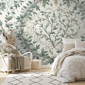 Tapeta elegantné zelené listy s kvetmi