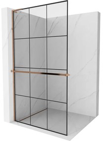 Mexen Kioto+ L, sprchová zástena Walk-In s poličkou a vešiakom 120 x 200 cm, 8mm číre sklo čierny vzor, ružové zlato profil, 800-120-123-60-77