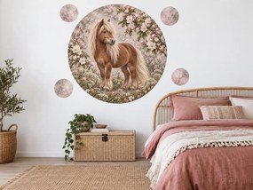 Poník pod kvitnúcou jabloňou nostalgické okrúhle nálepky na stenu do spálne arch 46 x 46 cm