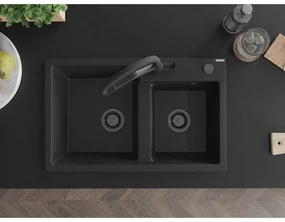Mexen Tomas, 2-komorový granitový drez 800x500x190 mm  a kuchynská batéria Duo, čierna-strieborná metalíza, 6516-73-671701-70-B