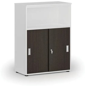 Kombinovaná kancelárska skriňa so zásuvnými dverami PRIMO WHITE, 1087 x 800 x 420 mm, biela/wenge