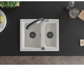Mexen Carlos, 1,5-komorový granitový drez 582x475x177 mm a drezová batéria Duo, biela, 6518-20-671701-07-B