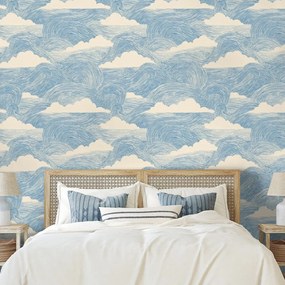 Tapeta modré vlny s bielymi oblakmi