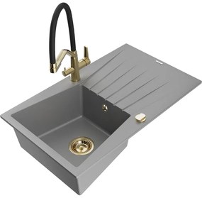 Mexen Cesar, 1-komorový granitový drez 775x470x190 mm a drezová batéria Duo, šedá, 6514-71-671701-57-G