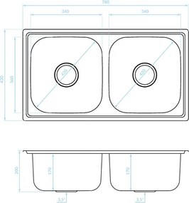 Kuchinox STANDARD, 2-komorový oceľový kuchynský drez 780x430x170 mm, SKS_020T
