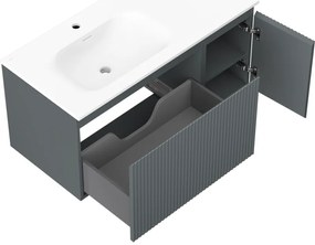 Mexen Rivel, kúpeľňová skrinka 100 cm s umývadlom Vela vľavo, 1S, 1D, drážkovaná, grafitová matná/biela matná, 91A23-10047-3-BBFF66-W23L01