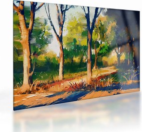 Sklenený obraz lesa v letnom slnku, maľba (70x50 cm)