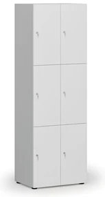 Drevená šatníková skrinka s úložnými boxmi, 6 boxov, cylindrický zámok, sivá/biela