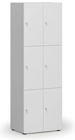 Drevená šatníková skrinka s úložnými boxmi, 6 boxov, cylindrický zámok, sivá/biela