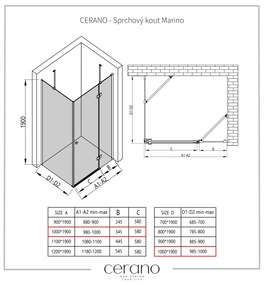 Cerano Marino, sprchovací kút 100(dvere) x 100(stena) x 190 cm, 6mm číre sklo, čierny profil, CER-CER-422880