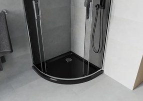 Mexen Rio, štvrťkruhový sprchovací kút s posuvnými dverami 80 x 80 cm, 6mm šedé sklo, chrómový profil + čierna sprchová vanička, 863-080-080-01-30-4170