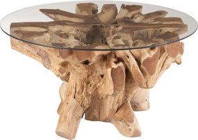 Prírodný coffee stôl z teakového dreva a sklenenou doskou na kmeni Raoul teak - Ø90*45cm