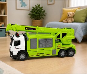 LEAN Toys Nákladné auto s žeriavom a prepravníkom vozidiel – svetlá a zvuky – zelené