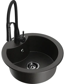 Mexen Diego, 1-komorový granitový drez 488x488x167 mm a drezová batéria Aster, čierna-zlatá metalíza, 6512-75-73450-70-B