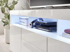 Široká TV skrinka Leeds, biela lesk, s osvetlením