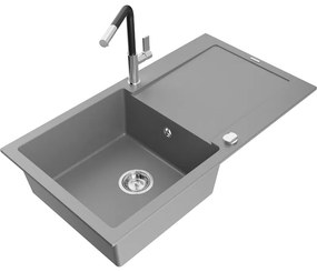Mexen Leo, 1-komorový granitový drez 900x500x190 mm a drezová batéria Flora, šedá, 6501-71-670401-07