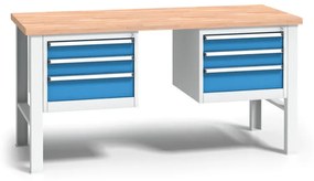 Výškovo nastaviteľný pracovný stôl do dielne WL s 2 závesnými boxami na náradie, buková škárovka, 6 zásuviek, 1700 x 685 x 840 - 1050 mm