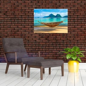 Sklenený obraz - Hojdacia sieť na pláži (70x50 cm)