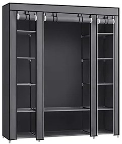 Veľká látková skriňa, 1 závesná tyč, 12 políc, 175x150x45cm, sivá