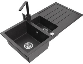 Mexen Andres, granitový drez 1000x500x200 mm, 1,5-komorový, čierna škvrtnitá s chrómovým sifónom a čierna škvrnitá drezová batéria Rita, 6515-76-670300-76