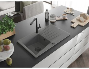 Mexen Cesar, 1-komorový granitový drez 775x470x190 mm a drezová batéria Flora, šedá, 6514-71-670401-70-B