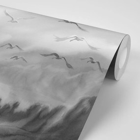 Samolepiaca tapeta prelet vtákov v čiernobielom prevedení - 225x270